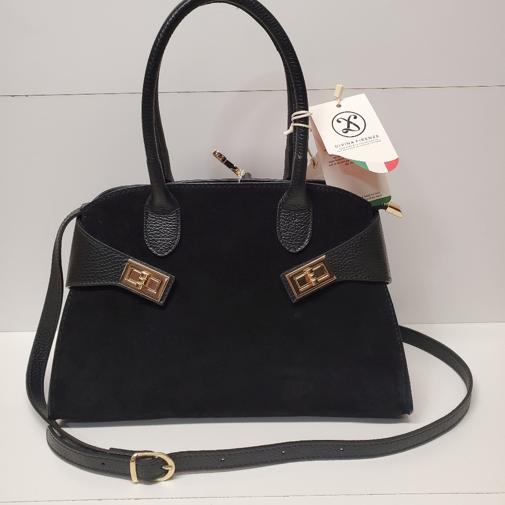 Divina Firenze Elegant Black Italian Genuine Leather Suede Handmade Satchel